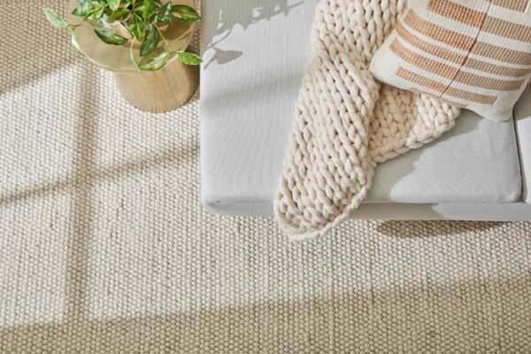 A cozy living room scene featuring a knitted blanket on a light sofa, a decorative pillow, and a green plant beside a woven rug.